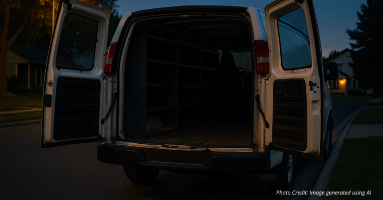 Empty van with open doors showing stolen tools theft scene