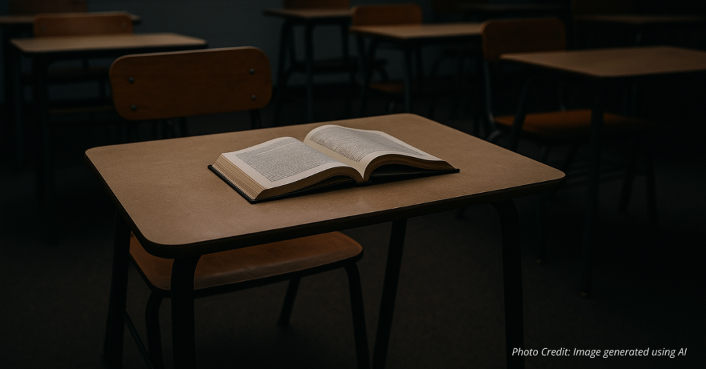 Empty desk with open book symbolizing lost learning