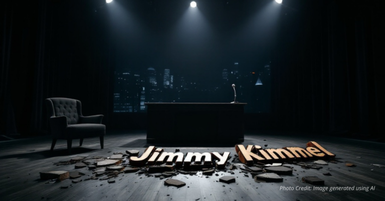 Empty late-night stage with desk and microphone but no host