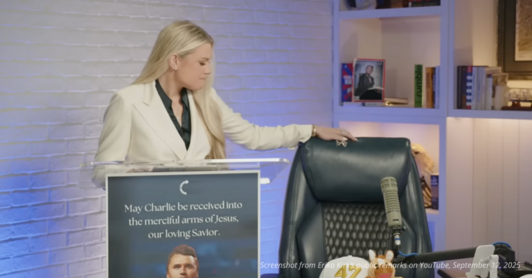Erika Kirk touches empty chair during remarks for Charlie Kirk