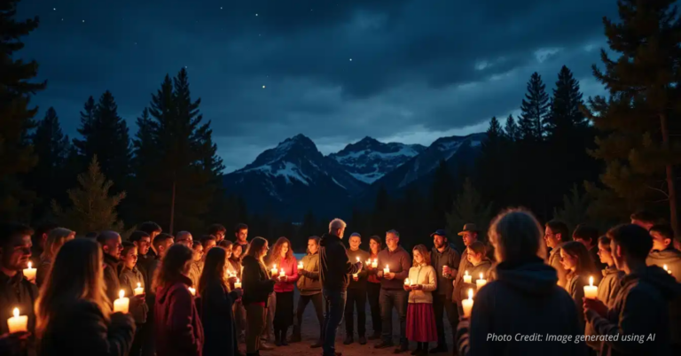 Candlelight vigil in mountain town with people holding candles