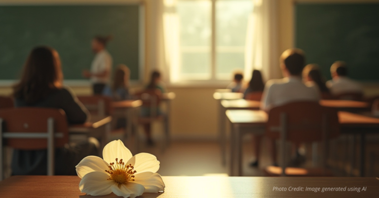 White flower on desk in sunlit classroom.