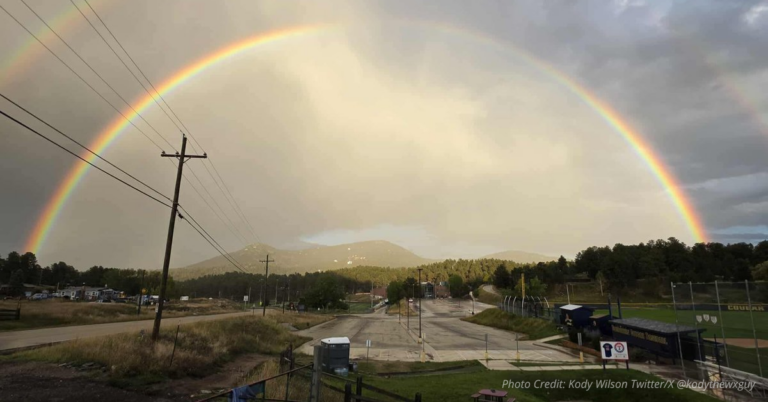 Double rainbow over Evergreen High School in Evergreen, Colorado, after a storm