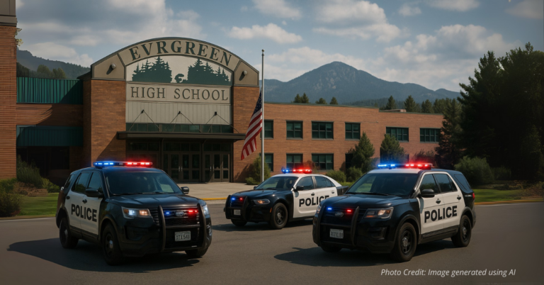 Police cars with flashing lights outside Evergreen High School
