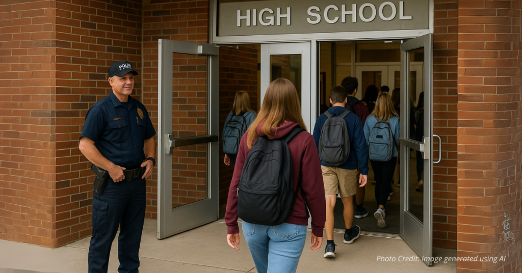 Officer at school entrance ensuring safe student arrival