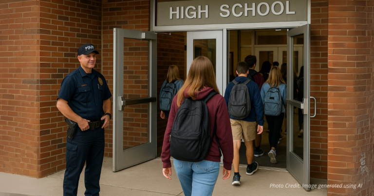 Officer at school entrance ensuring safe student arrival