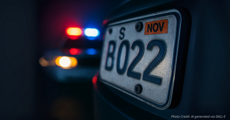 Police lights shine on car license plate with expired tag