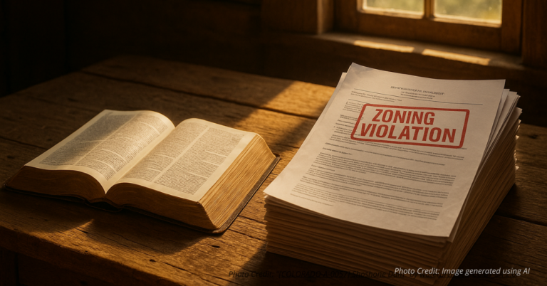 Open Bible beside government paperwork in sunlight