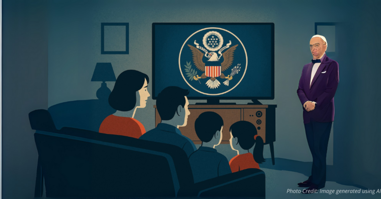 American family watching TV with U.S. government seal on screen