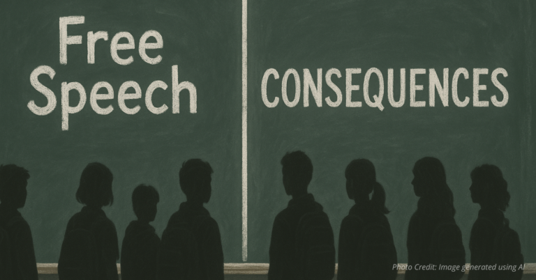 Chalkboard split between free speech and consequences with student shadows