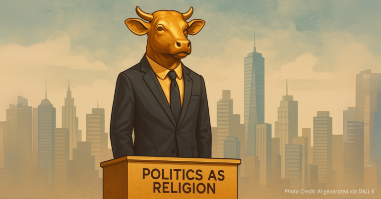 Golden calf in business suit symbolizing political idolatry