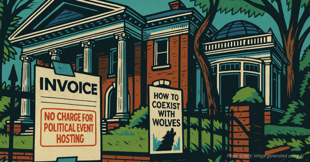 Governor’s mansion with invoice sign stamped “No charge for political event hosting” and flyer reading “How to coexist with wolves”