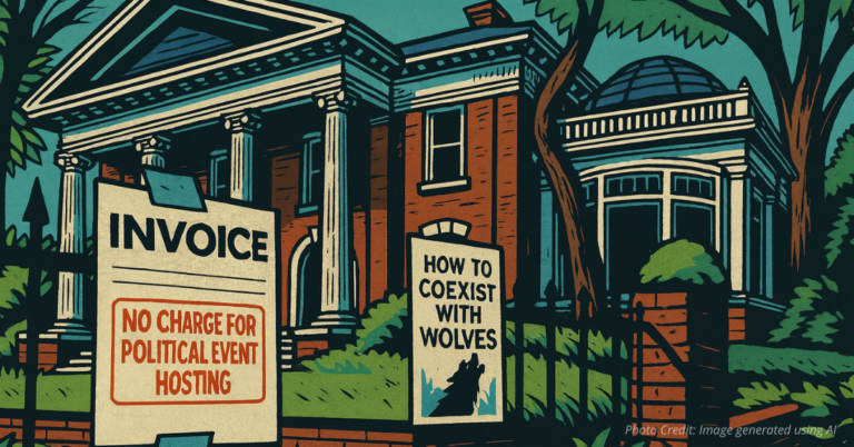 Governor’s mansion with invoice sign stamped “No charge for political event hosting” and flyer reading “How to coexist with wolves”