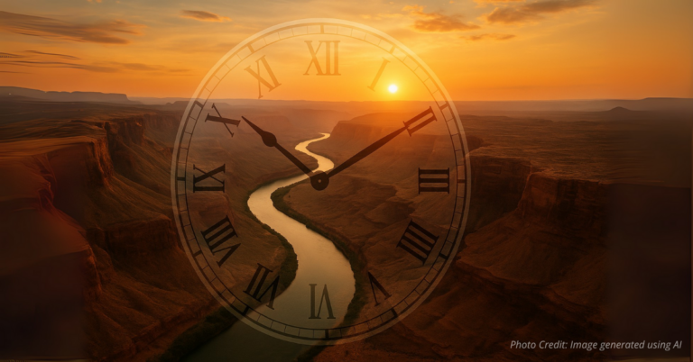 Colorado River with clock face symbolizing Harris Water Time