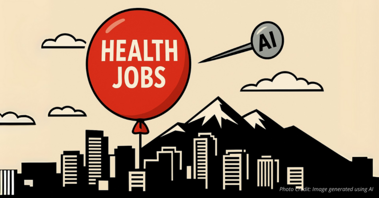 Balloon labeled Health Jobs over Colorado as AI pin approaches
