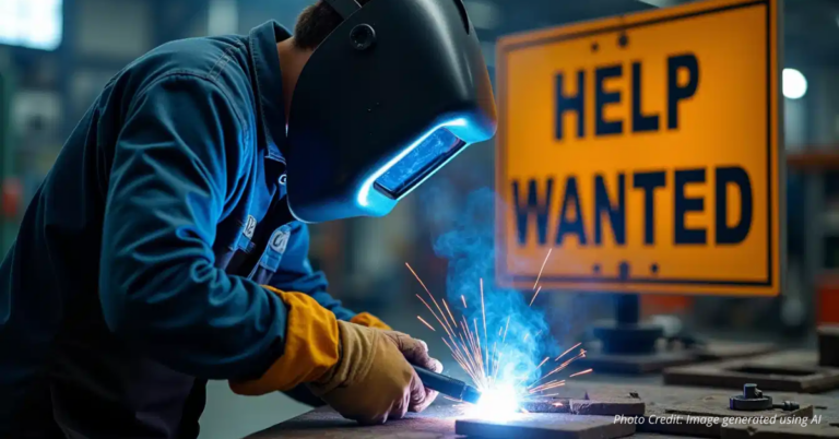 Welding student welding with help wanted in background.