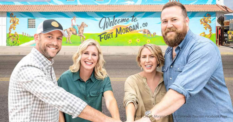 HGTV hosts in front of Fort Morgan mural during town makeover