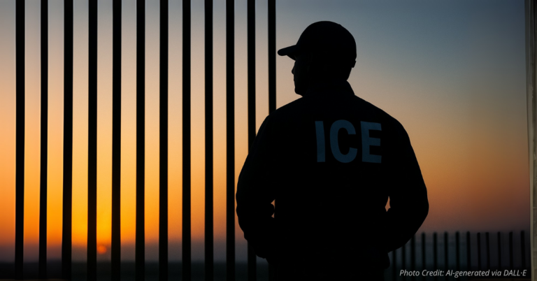 ICE officer silhouette at border fence at dawn symbolizing enforcement