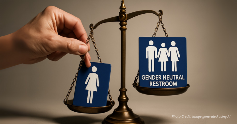 Hand tipping justice scales with restroom signs