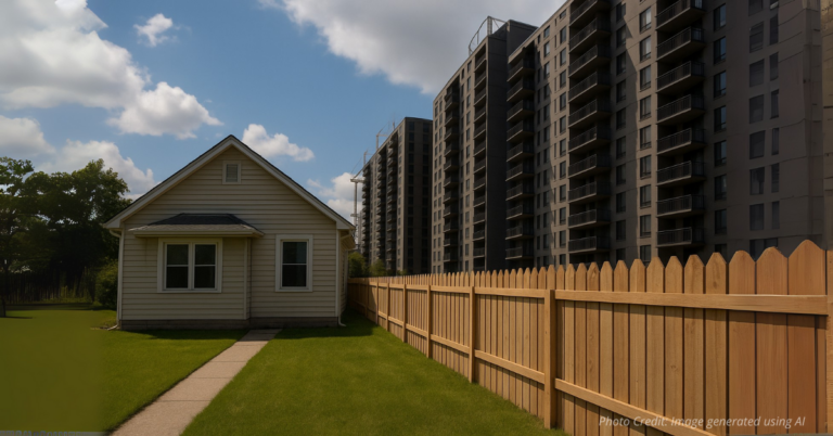 Fence dividing suburban home from urban apartments