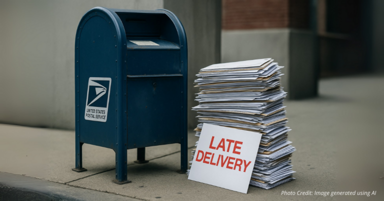Stack of mail outside USPS mailbox marked Late Delivery