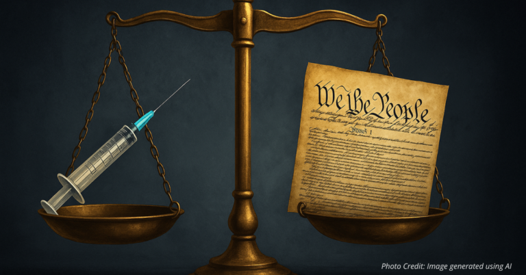 Scales balancing vaccine syringe and U.S. Constitution