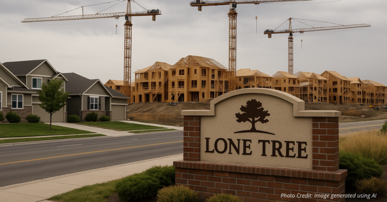 Suburban homes beside open land with construction overlay, symbolizing housing expansion