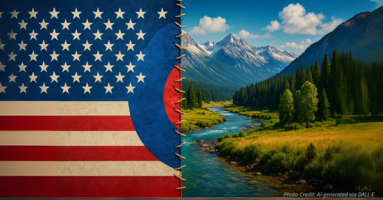 American flag stitched together by Colorado nature, symbolizing unity