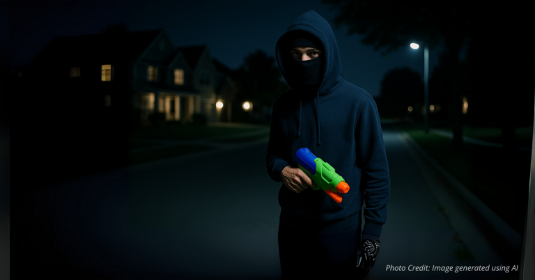 Teen in hoodie and mask with toy gun at night looks threatening