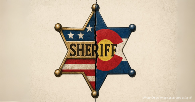 Sheriff badge split with U.S. and Colorado flags, symbolizing law conflict