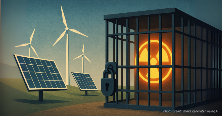 Nuclear power symbol locked in cage while renewables are free