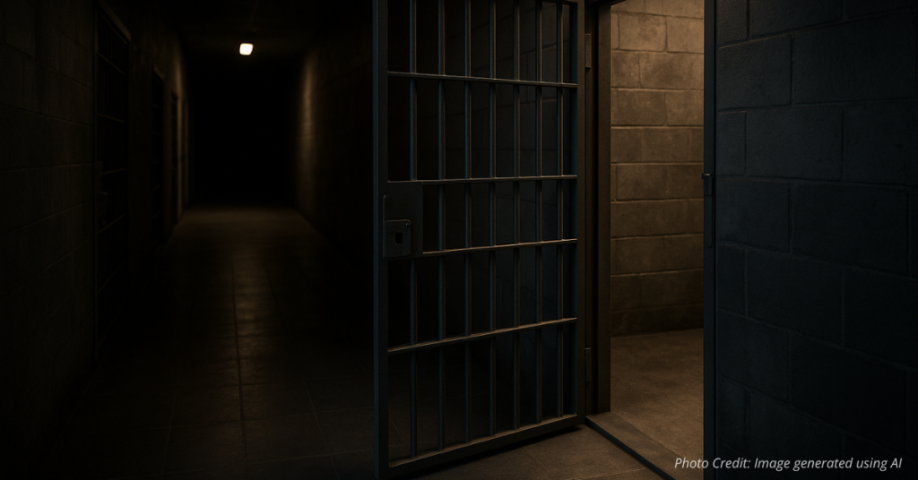Empty jail cell with open door symbolizing offender release under law