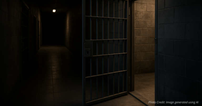 Empty jail cell with open door symbolizing offender release under law