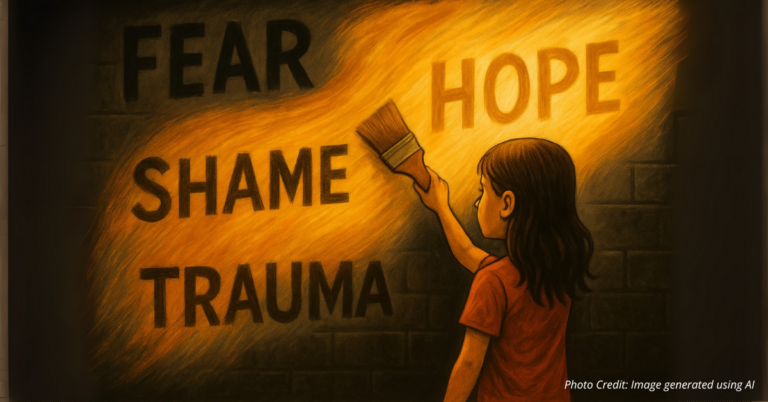 Girl painting over fear and trauma with hope