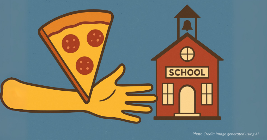 Pizza slice shaped like hand reaching to help school