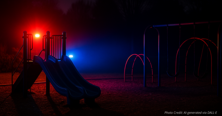 Police lights shining over playground symbolizing youth violence response