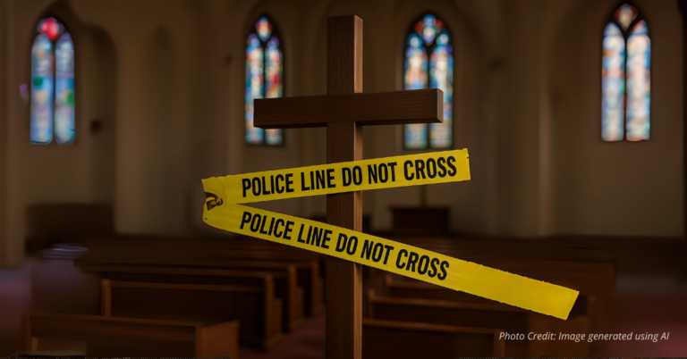 Church cross wrapped in police tape symbolizing burglary investigation