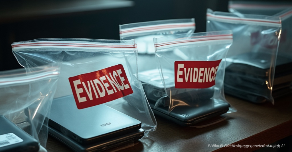 Police evidence bags with electronics seized in Pueblo child exploitation case