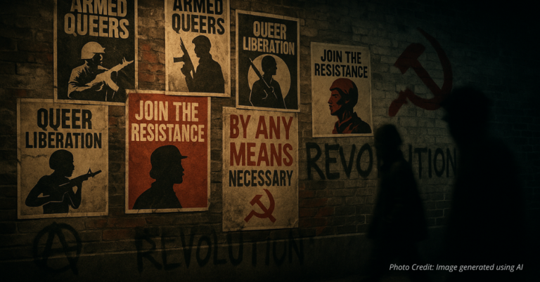 Radical posters and graffiti with shadowy figures walking past