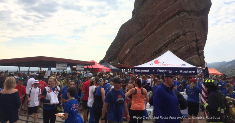 People gathered to participate in the 9-11 Red Rocks stair climb.