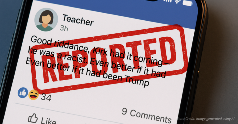 Teacher’s social media post saying “No prayers for Charlie Kirk” with REPORTED stamp