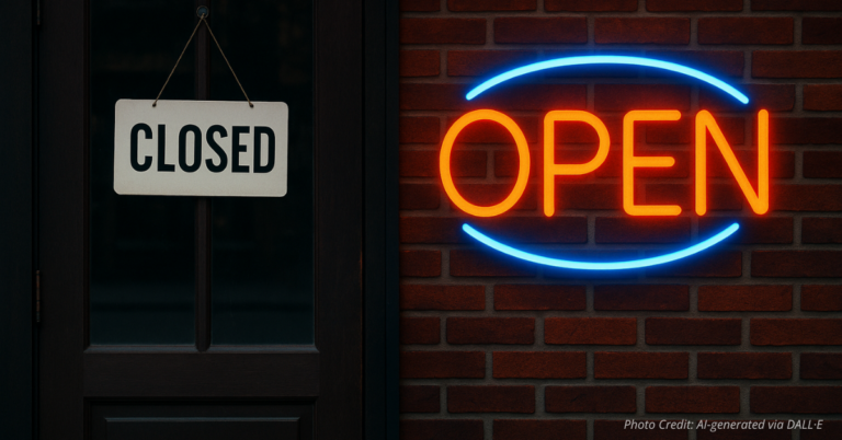 Split image of restaurant closed sign and neon open sign