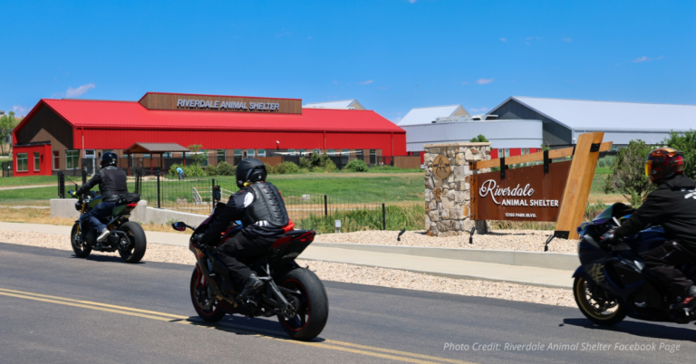 Riverdale Animal Shelter with sign and three motorcyclists passing on Park Blvd under a blue sky