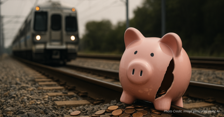 Broken piggy bank spilling coins on train tracks