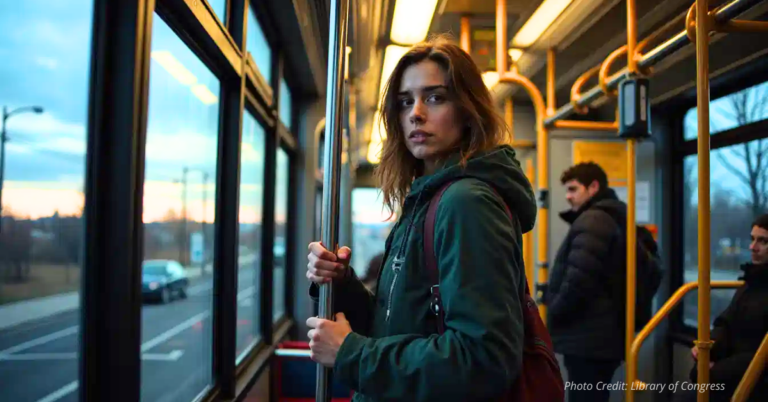 Concerned RTD bus riders at night with tense expressions