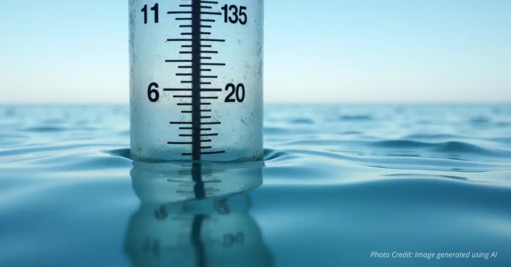 Tide gauge in calm ocean with steady water level marks