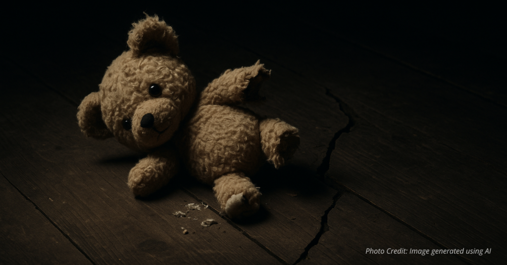 Broken teddy bear symbolizes childhood lost to exploitation