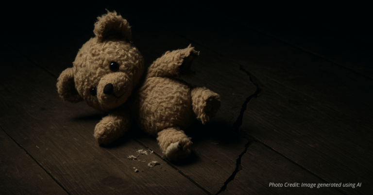Broken teddy bear symbolizes childhood lost to exploitation