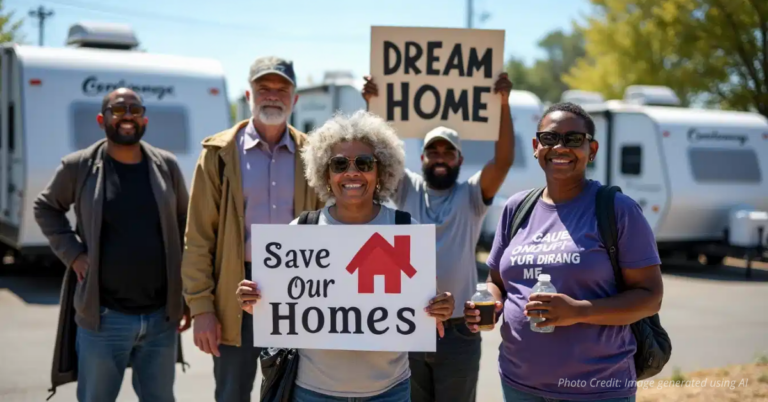 Sheridan RV residents holding Save Our Homes signs