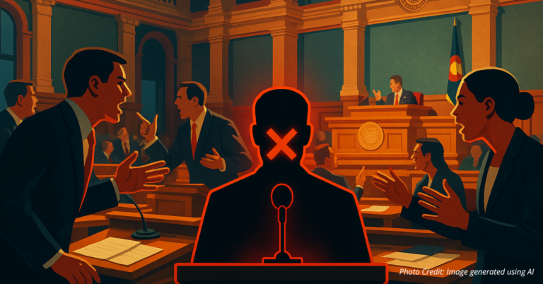 Colorado Capitol debate with one silenced lawmaker marked by red X